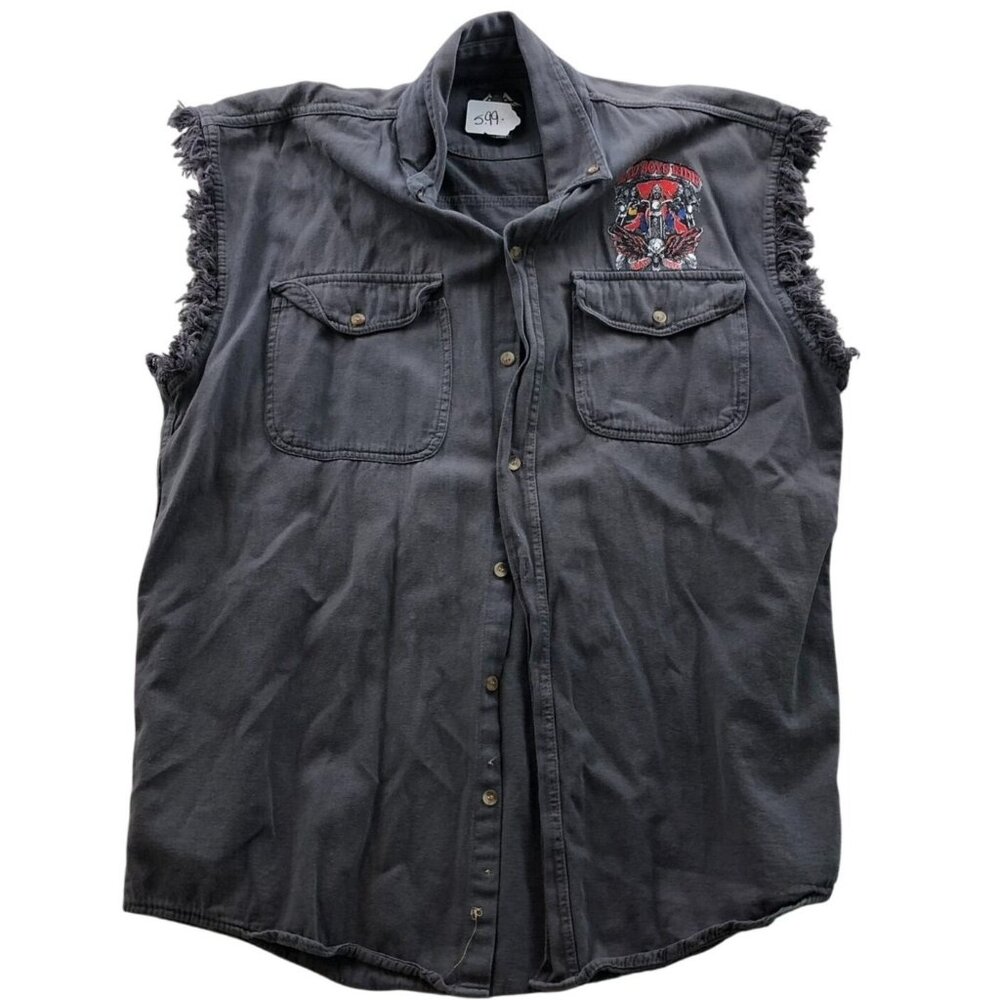 Biker Design Mens Shirt Large Graphic Prinnt Top Gray Sleeveless Button Up Y2K